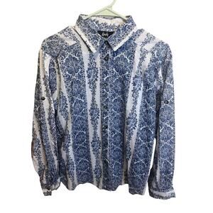 Vintage Tapestry Blue Paisley Collared Button Up Long Sleeve Western Style Top M